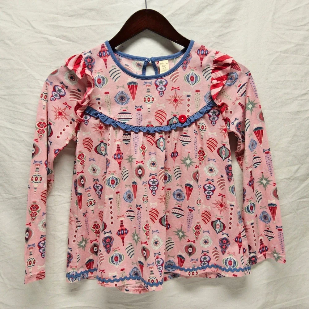 Matilda‎ Jane Pajama Top Kids Size 16 Pink Christmas Ornament Ruffle Trim